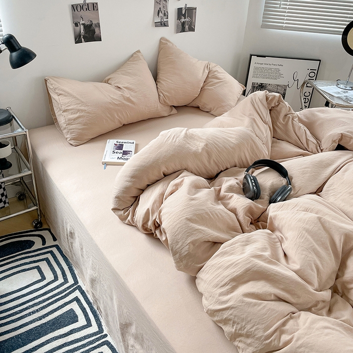 91家纺网 家纺一手货源 找家纺 卡斯诺家纺馆 2026新款水洗棉纯色双拼四件套（下载文件包含买家秀） 纯卡其