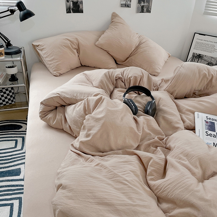 91家纺网 家纺一手货源 找家纺 卡斯诺家纺馆 2026新款水洗棉纯色双拼四件套（下载文件包含买家秀） 纯卡其