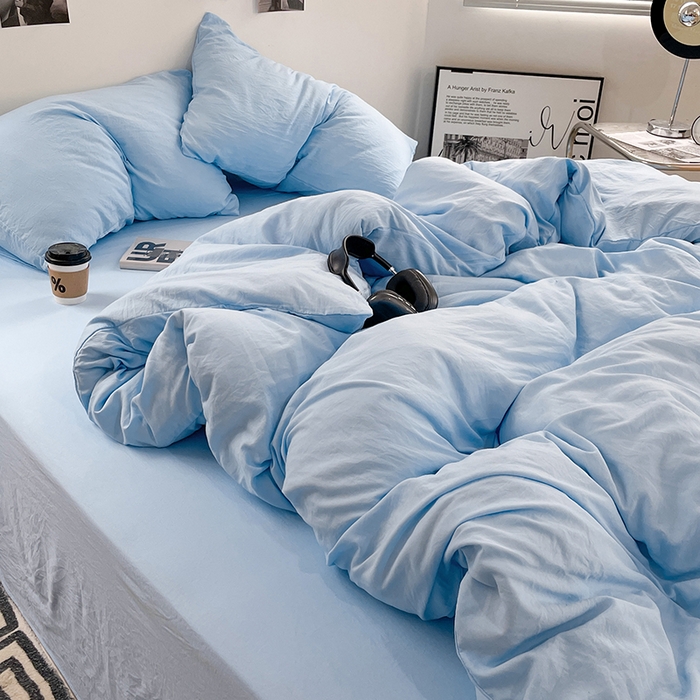 91家纺网 家纺一手货源 找家纺 卡斯诺家纺馆 2026新款水洗棉纯色双拼四件套（下载文件包含买家秀） 纯天蓝