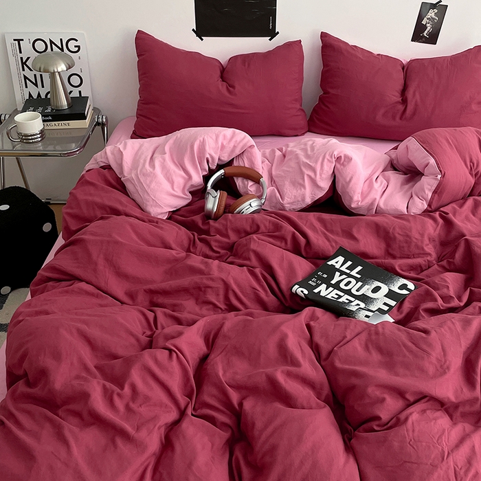 91家纺网 家纺一手货源 找家纺 卡斯诺家纺馆 2026新款水洗棉纯色双拼四件套（下载文件包含买家秀） 酒红浅粉