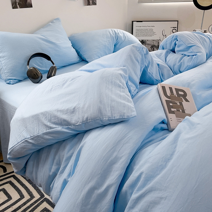 91家纺网 家纺一手货源 找家纺 卡斯诺家纺馆 2026新款水洗棉纯色双拼四件套（下载文件包含买家秀） 纯天蓝