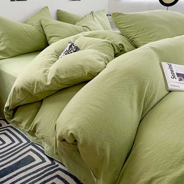 91家纺网 家纺一手货源 找家纺 卡斯诺家纺馆 2026新款水洗棉纯色双拼四件套（下载文件包含买家秀） 纯茶绿