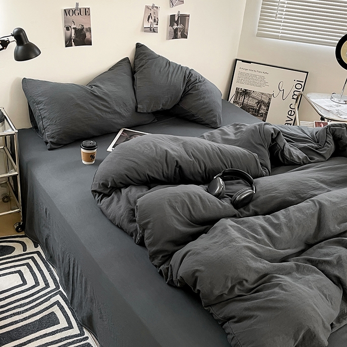 91家纺网 家纺一手货源 找家纺 卡斯诺家纺馆 2026新款水洗棉纯色双拼四件套（下载文件包含买家秀） 纯深灰