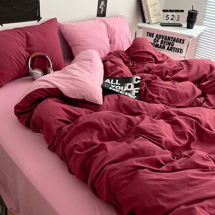 91家纺网 家纺一手货源 找家纺 卡斯诺家纺馆 2026新款水洗棉纯色双拼四件套（下载文件包含买家秀） 酒红浅粉