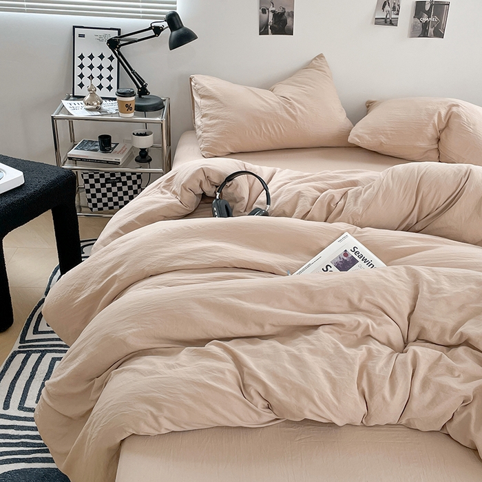 91家纺网 家纺一手货源 找家纺 卡斯诺家纺馆 2026新款水洗棉纯色双拼四件套（下载文件包含买家秀） 纯卡其