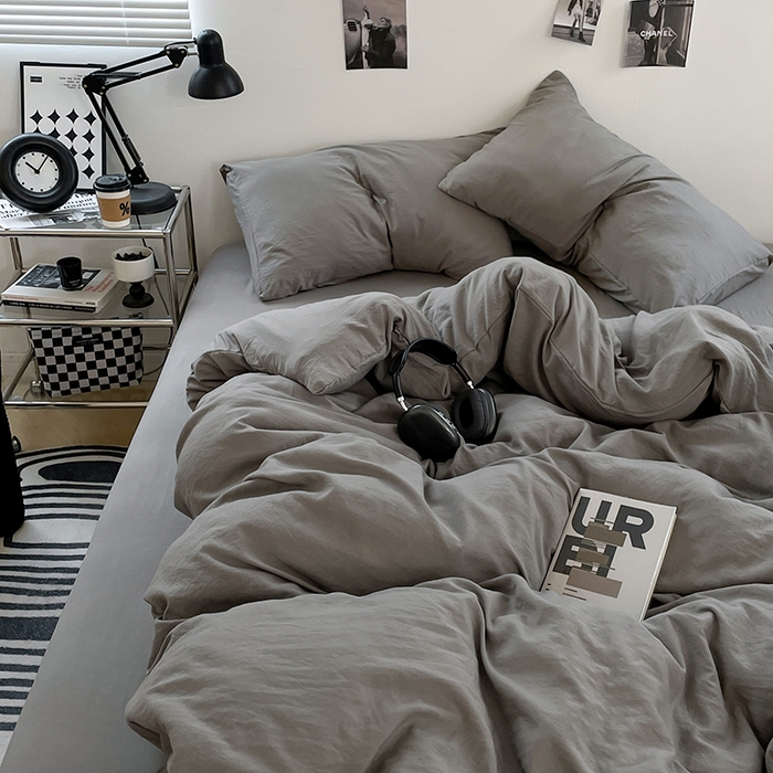 91家纺网 家纺一手货源 找家纺 卡斯诺家纺馆 2026新款水洗棉纯色双拼四件套（下载文件包含买家秀） 纯银灰