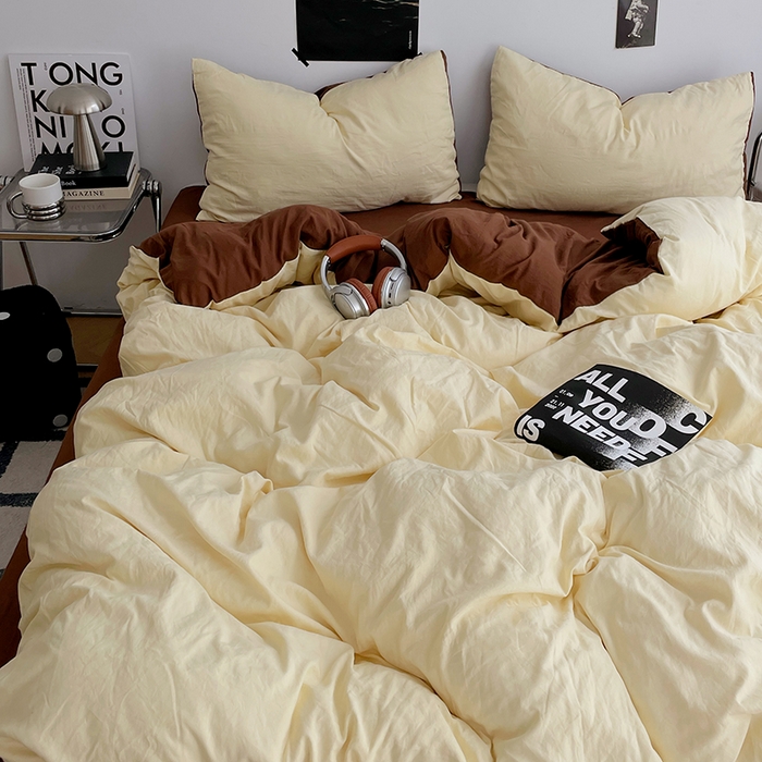 91家纺网 家纺一手货源 找家纺 卡斯诺家纺馆 2026新款水洗棉纯色双拼四件套（下载文件包含买家秀） 奶黄深咖