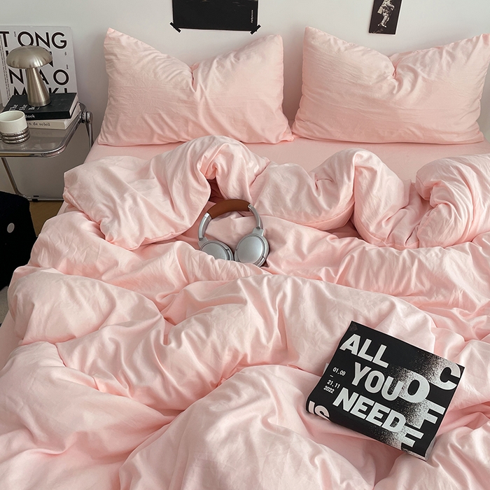 91家纺网 家纺一手货源 找家纺 卡斯诺家纺馆 2026新款水洗棉纯色双拼四件套（下载文件包含买家秀） 纯玉粉