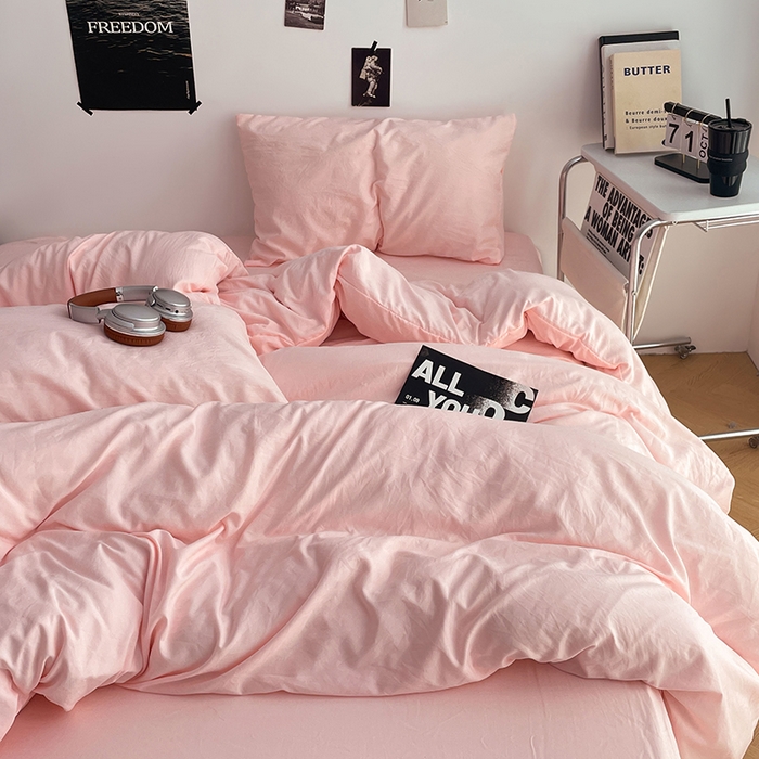 91家纺网 家纺一手货源 找家纺 卡斯诺家纺馆 2026新款水洗棉纯色双拼四件套（下载文件包含买家秀） 纯玉粉