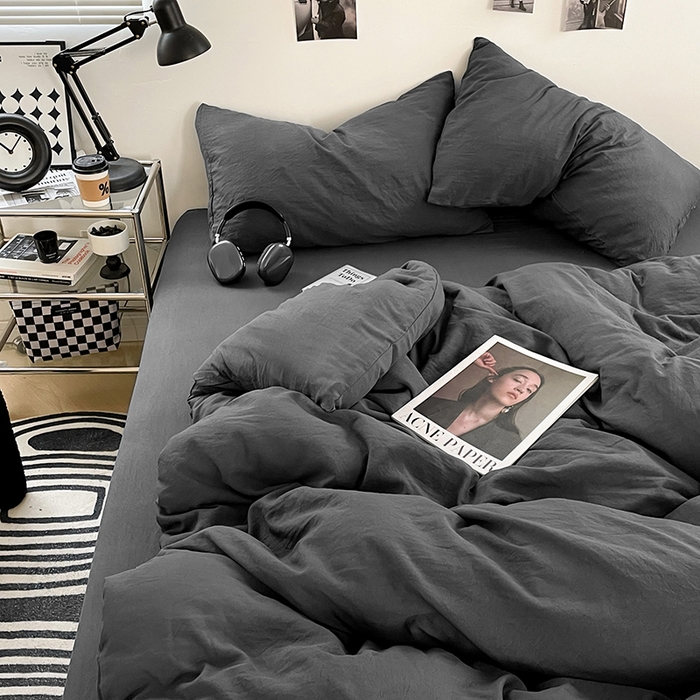 91家纺网 家纺一手货源 找家纺 卡斯诺家纺馆 2026新款水洗棉纯色双拼四件套（下载文件包含买家秀） 纯深灰