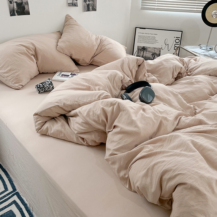 91家纺网 家纺一手货源 找家纺 卡斯诺家纺馆 2026新款水洗棉纯色双拼四件套（下载文件包含买家秀） 纯卡其