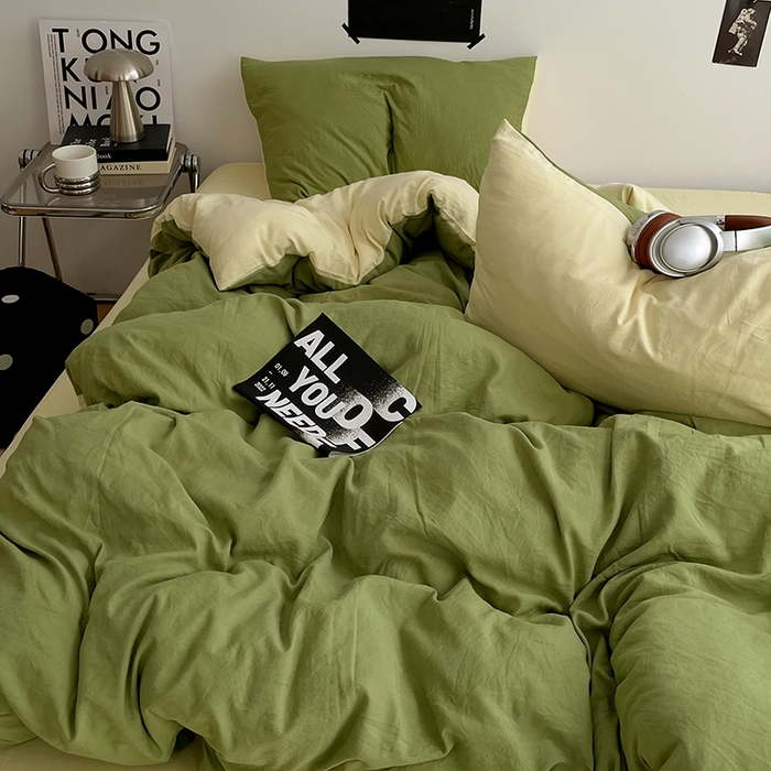 91家纺网 家纺一手货源 找家纺 卡斯诺家纺馆 2026新款水洗棉纯色双拼四件套（下载文件包含买家秀） 茶绿奶黄