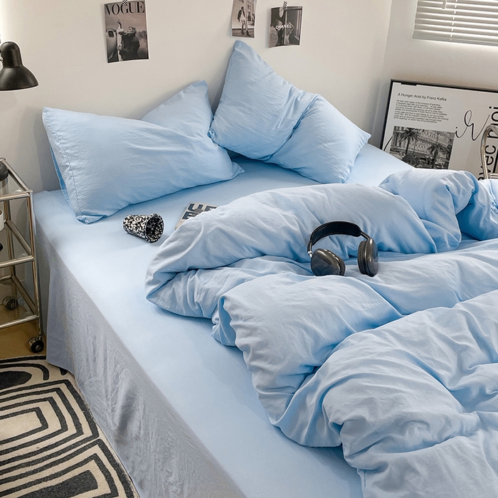 91家纺网 家纺一手货源 找家纺 卡斯诺家纺馆 2026新款水洗棉纯色双拼四件套（下载文件包含买家秀） 纯天蓝