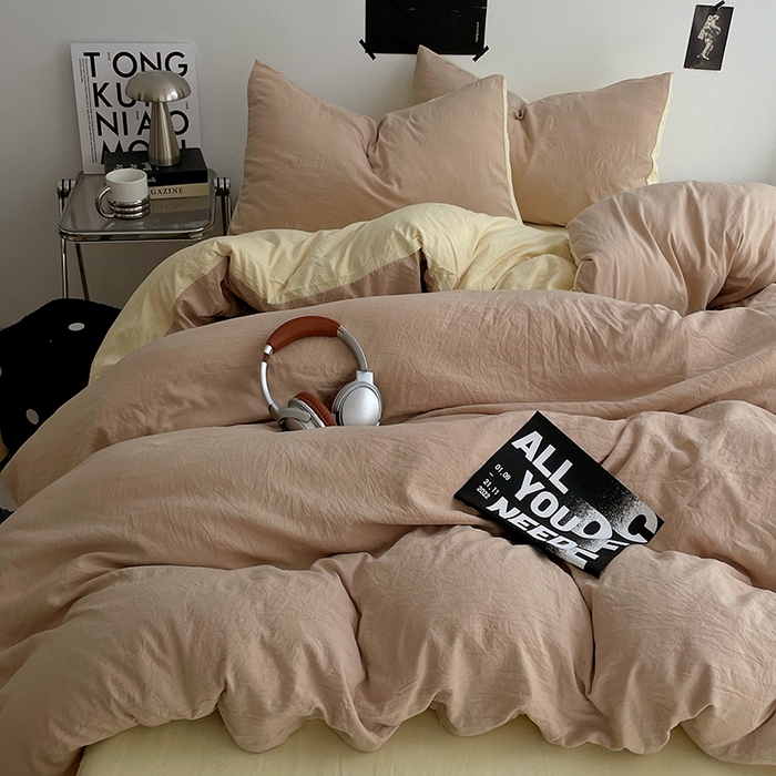 91家纺网 家纺一手货源 找家纺 卡斯诺家纺馆 2026新款水洗棉纯色双拼四件套（下载文件包含买家秀） 卡其奶黄