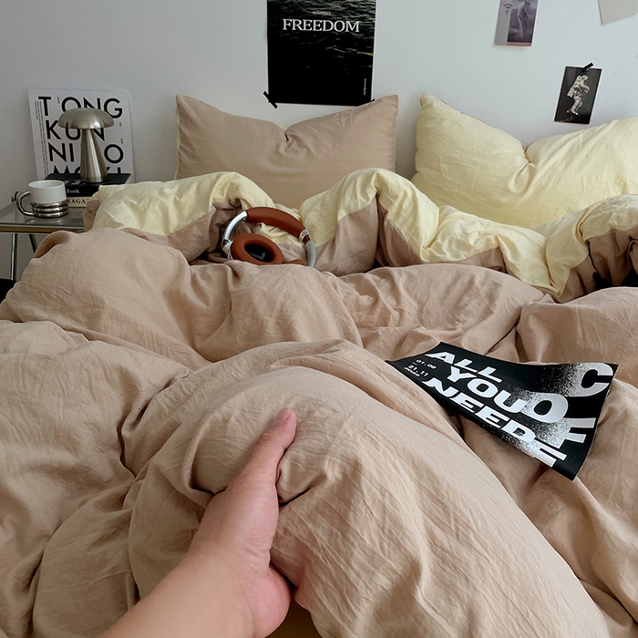 91家纺网 家纺一手货源 找家纺 卡斯诺家纺馆 2026新款水洗棉纯色双拼四件套（下载文件包含买家秀） 卡其奶黄