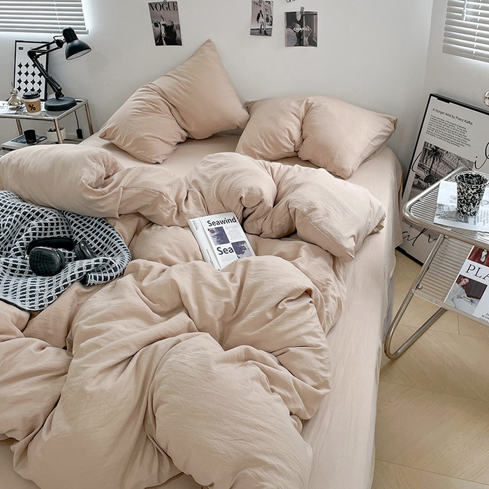 91家纺网 家纺一手货源 找家纺 卡斯诺家纺馆 2026新款水洗棉纯色双拼四件套（下载文件包含买家秀） 纯卡其