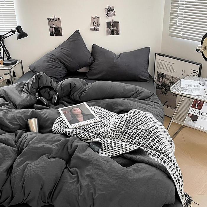 91家纺网 家纺一手货源 找家纺 卡斯诺家纺馆 2026新款水洗棉纯色双拼四件套（下载文件包含买家秀） 纯深灰