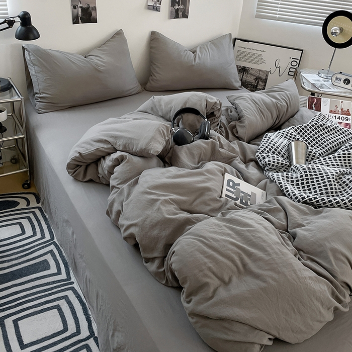 91家纺网 家纺一手货源 找家纺 卡斯诺家纺馆 2026新款水洗棉纯色双拼四件套（下载文件包含买家秀） 纯银灰