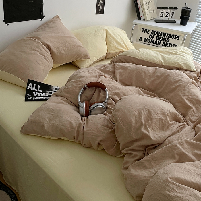 91家纺网 家纺一手货源 找家纺 卡斯诺家纺馆 2026新款水洗棉纯色双拼四件套（下载文件包含买家秀） 卡其奶黄