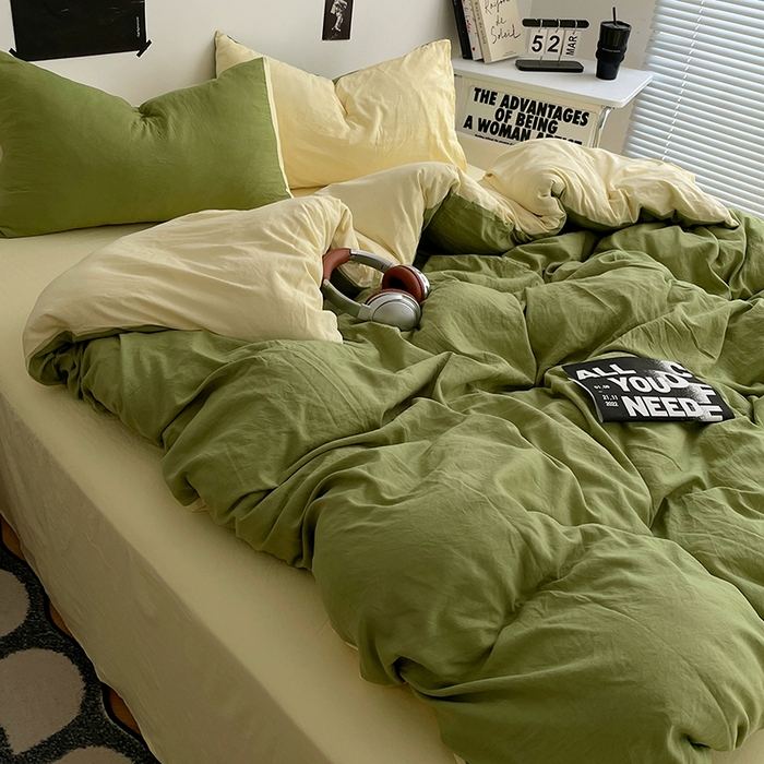 91家纺网 家纺一手货源 找家纺 卡斯诺家纺馆 2026新款水洗棉纯色双拼四件套（下载文件包含买家秀） 茶绿奶黄