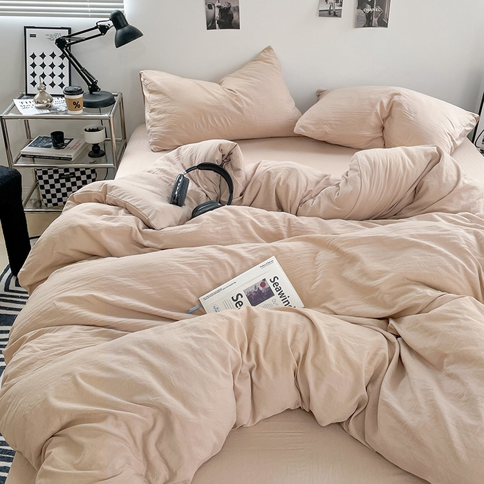 91家纺网 家纺一手货源 找家纺 卡斯诺家纺馆 2026新款水洗棉纯色双拼四件套（下载文件包含买家秀） 纯卡其