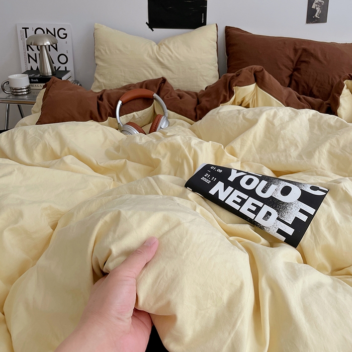 91家纺网 家纺一手货源 找家纺 卡斯诺家纺馆 2026新款水洗棉纯色双拼四件套（下载文件包含买家秀） 奶黄深咖