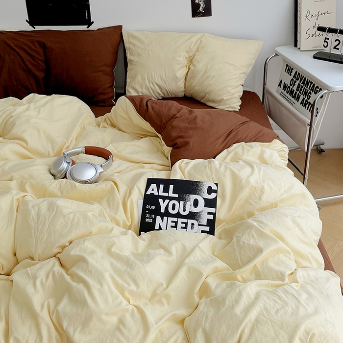 91家纺网 家纺一手货源 找家纺 卡斯诺家纺馆 2026新款水洗棉纯色双拼四件套（下载文件包含买家秀） 奶黄深咖