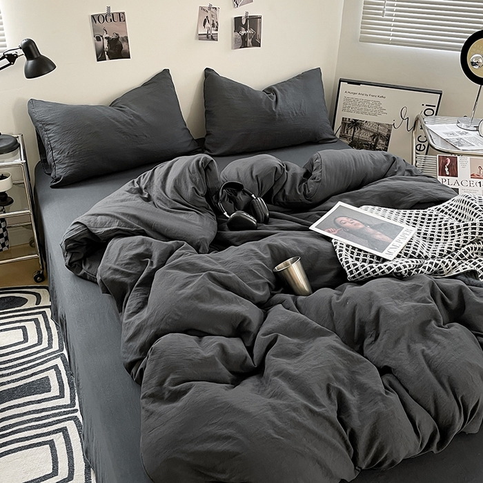91家纺网 家纺一手货源 找家纺 卡斯诺家纺馆 2026新款水洗棉纯色双拼四件套（下载文件包含买家秀） 纯深灰