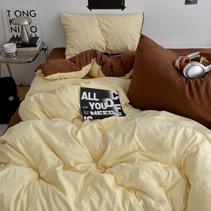 91家纺网 家纺一手货源 找家纺 卡斯诺家纺馆 2026新款水洗棉纯色双拼四件套（下载文件包含买家秀） 奶黄深咖