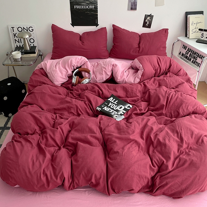 卡斯诺家纺馆 2026新款水洗棉纯色双拼四件套（下载文件包含买家秀） 酒红浅粉