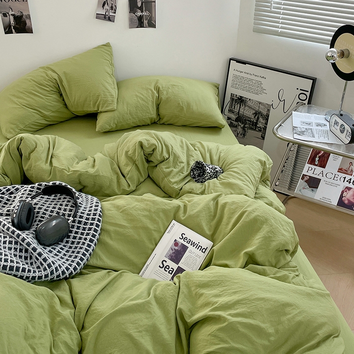 91家纺网 家纺一手货源 找家纺 卡斯诺家纺馆 2026新款水洗棉纯色双拼四件套（下载文件包含买家秀） 纯茶绿