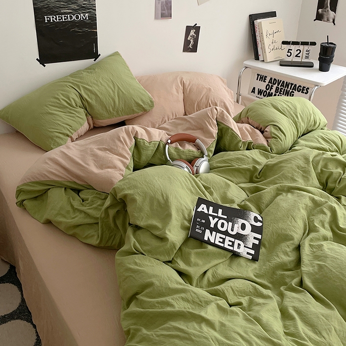 91家纺网 家纺一手货源 找家纺 卡斯诺家纺馆 2026新款水洗棉纯色双拼四件套（下载文件包含买家秀） 茶绿卡其