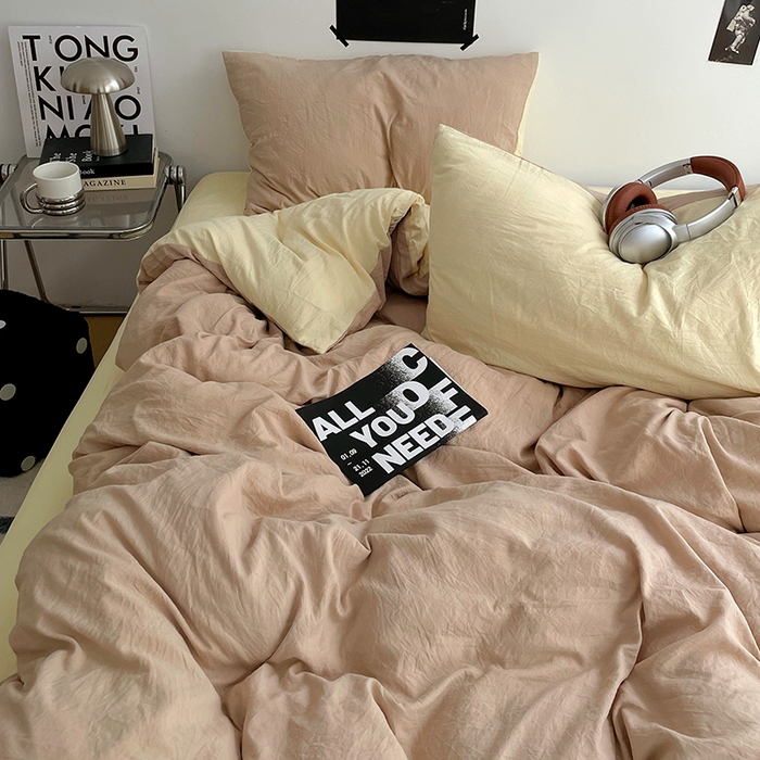 91家纺网 家纺一手货源 找家纺 卡斯诺家纺馆 2026新款水洗棉纯色双拼四件套（下载文件包含买家秀） 卡其奶黄