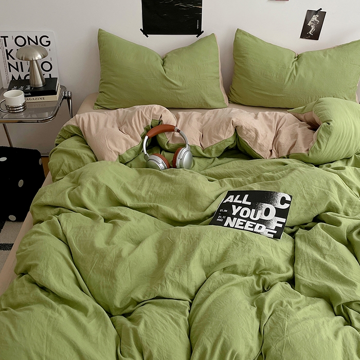 91家纺网 家纺一手货源 找家纺 卡斯诺家纺馆 2026新款水洗棉纯色双拼四件套（下载文件包含买家秀） 茶绿卡其