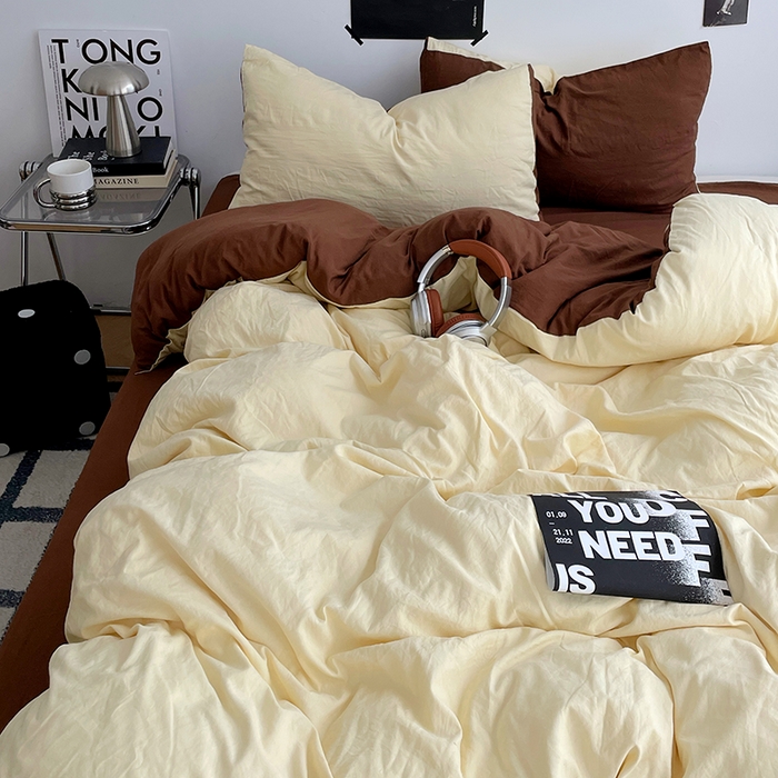 91家纺网 家纺一手货源 找家纺 卡斯诺家纺馆 2026新款水洗棉纯色双拼四件套（下载文件包含买家秀） 奶黄深咖