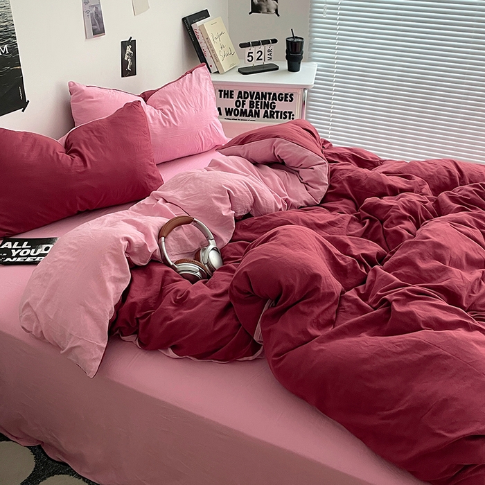91家纺网 家纺一手货源 找家纺 卡斯诺家纺馆 2026新款水洗棉纯色双拼四件套（下载文件包含买家秀） 酒红浅粉