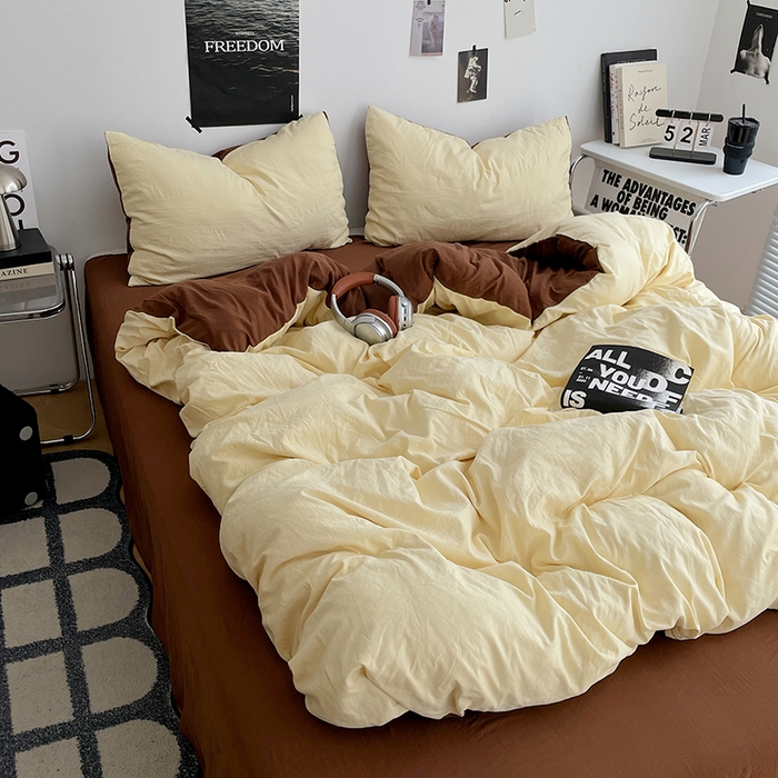 91家纺网 家纺一手货源 找家纺 卡斯诺家纺馆 2026新款水洗棉纯色双拼四件套（下载文件包含买家秀） 奶黄深咖