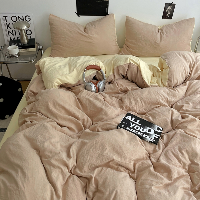 91家纺网 家纺一手货源 找家纺 卡斯诺家纺馆 2026新款水洗棉纯色双拼四件套（下载文件包含买家秀） 卡其奶黄