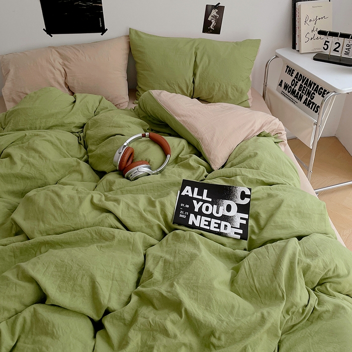 91家纺网 家纺一手货源 找家纺 卡斯诺家纺馆 2026新款水洗棉纯色双拼四件套（下载文件包含买家秀） 茶绿卡其