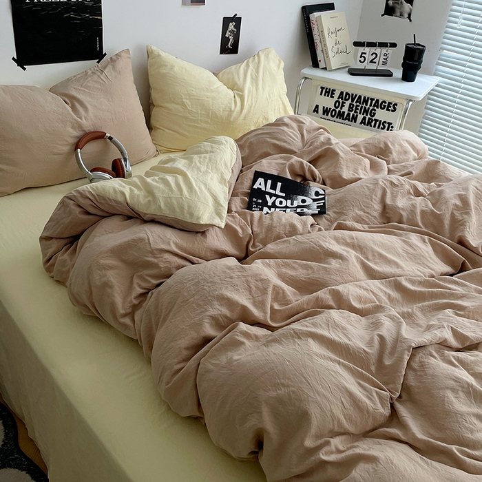 91家纺网 家纺一手货源 找家纺 卡斯诺家纺馆 2026新款水洗棉纯色双拼四件套（下载文件包含买家秀） 卡其奶黄