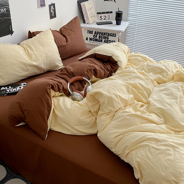 91家纺网 家纺一手货源 找家纺 卡斯诺家纺馆 2026新款水洗棉纯色双拼四件套（下载文件包含买家秀） 奶黄深咖