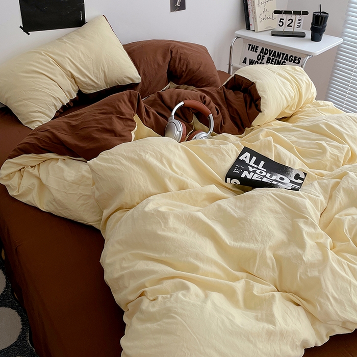 91家纺网 家纺一手货源 找家纺 卡斯诺家纺馆 2026新款水洗棉纯色双拼四件套（下载文件包含买家秀） 奶黄深咖