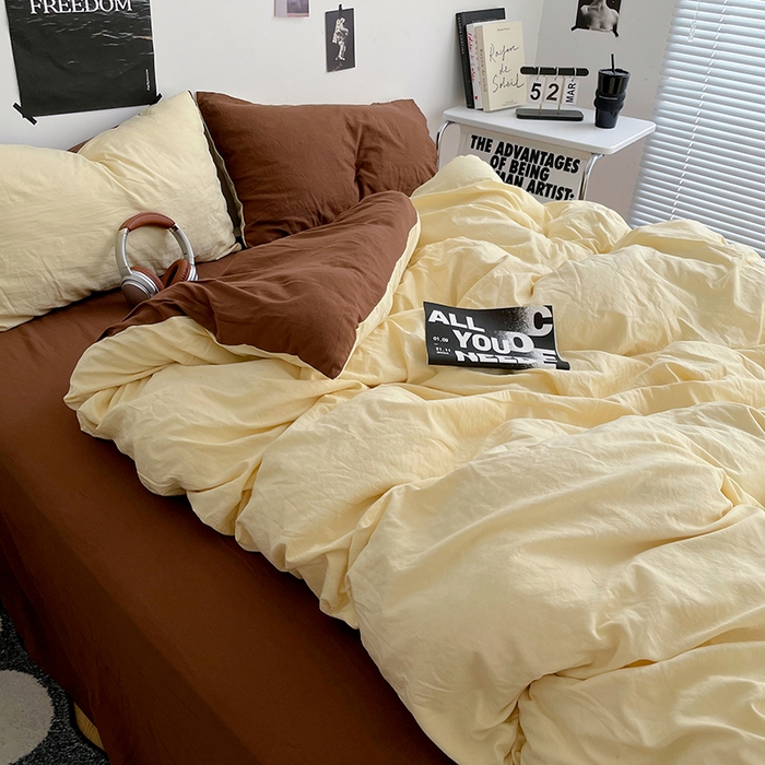 91家纺网 家纺一手货源 找家纺 卡斯诺家纺馆 2026新款水洗棉纯色双拼四件套（下载文件包含买家秀） 奶黄深咖