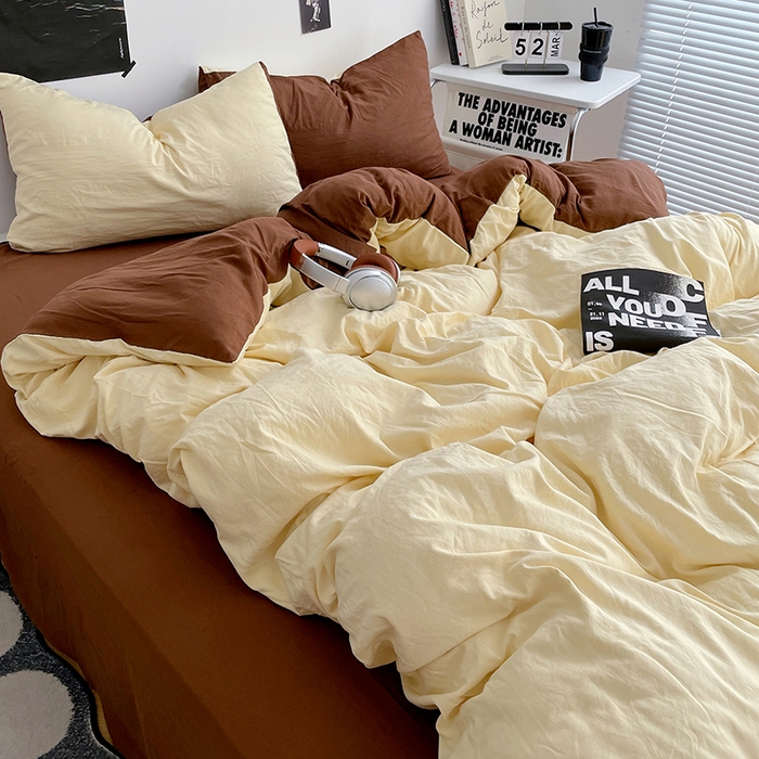 91家纺网 家纺一手货源 找家纺 卡斯诺家纺馆 2026新款水洗棉纯色双拼四件套（下载文件包含买家秀） 奶黄深咖