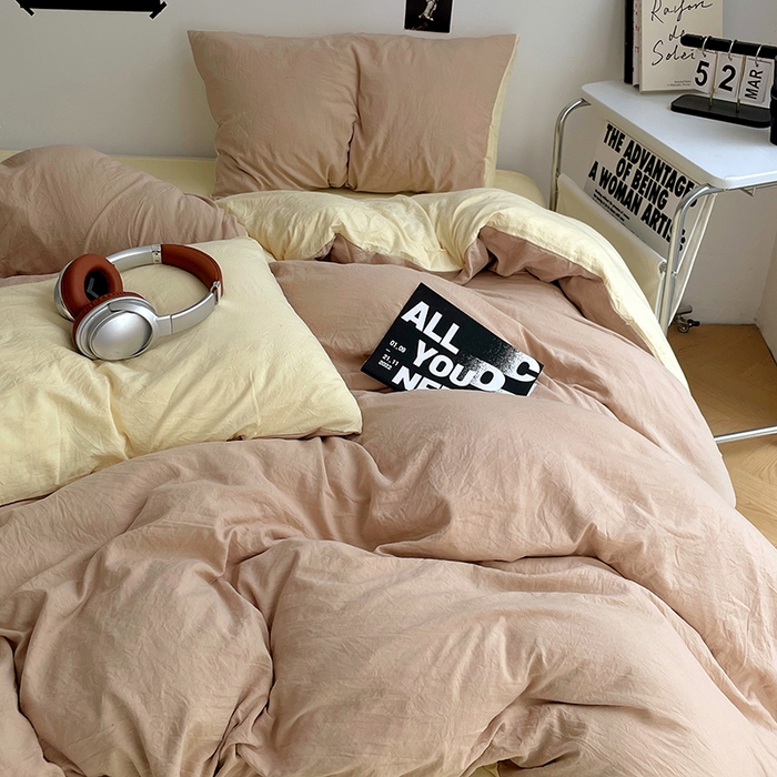 91家纺网 家纺一手货源 找家纺 卡斯诺家纺馆 2026新款水洗棉纯色双拼四件套（下载文件包含买家秀） 卡其奶黄