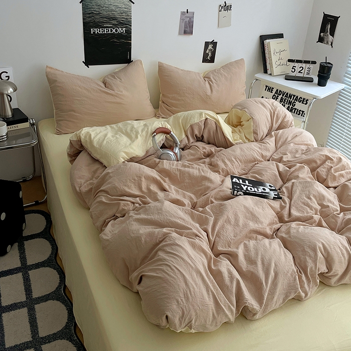 91家纺网 家纺一手货源 找家纺 卡斯诺家纺馆 2026新款水洗棉纯色双拼四件套（下载文件包含买家秀） 卡其奶黄