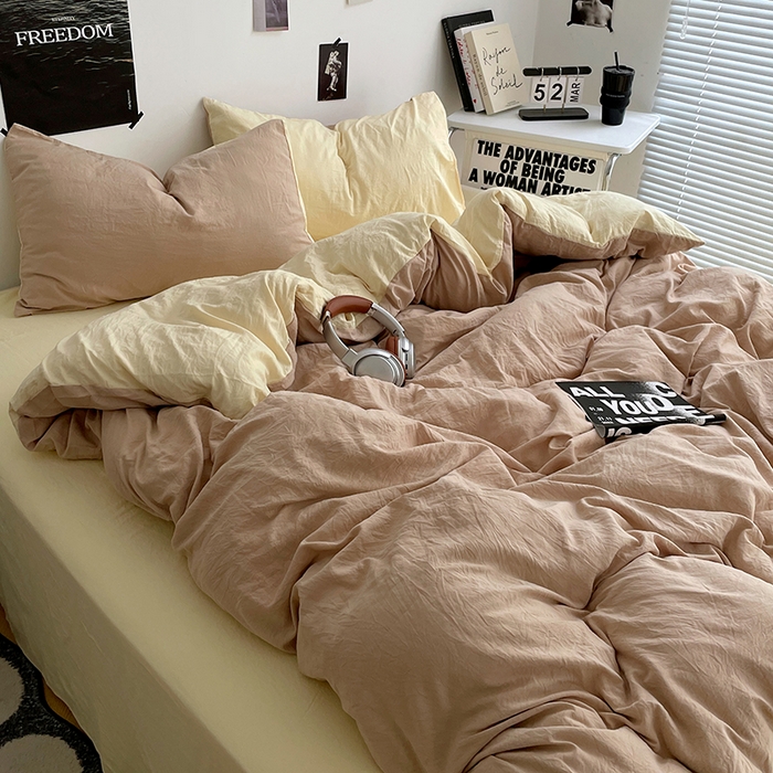 91家纺网 家纺一手货源 找家纺 卡斯诺家纺馆 2026新款水洗棉纯色双拼四件套（下载文件包含买家秀） 卡其奶黄