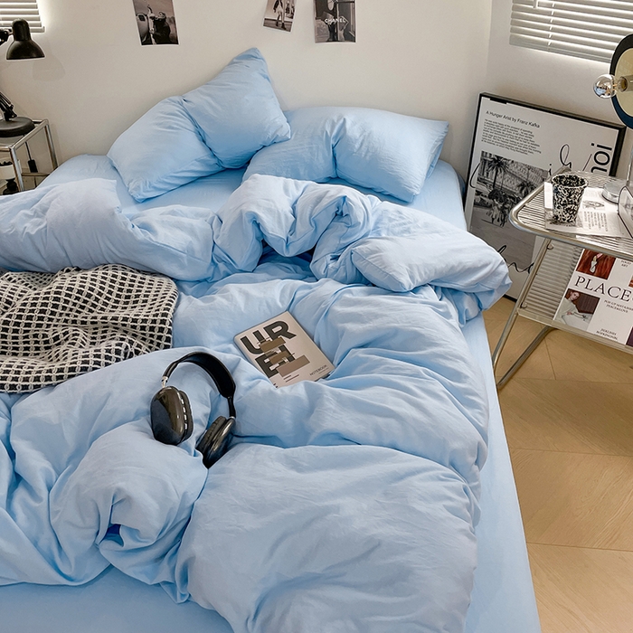 91家纺网 家纺一手货源 找家纺 卡斯诺家纺馆 2026新款水洗棉纯色双拼四件套（下载文件包含买家秀） 纯天蓝