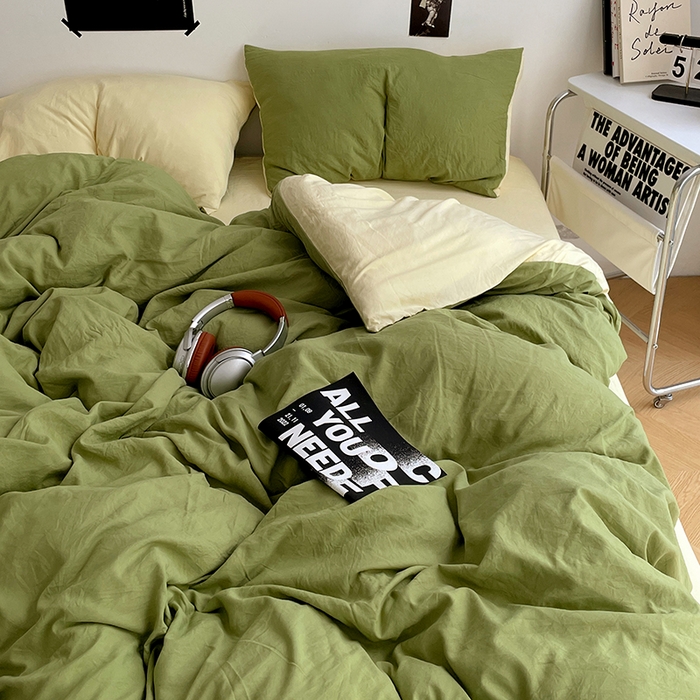 91家纺网 家纺一手货源 找家纺 卡斯诺家纺馆 2026新款水洗棉纯色双拼四件套（下载文件包含买家秀） 茶绿奶黄