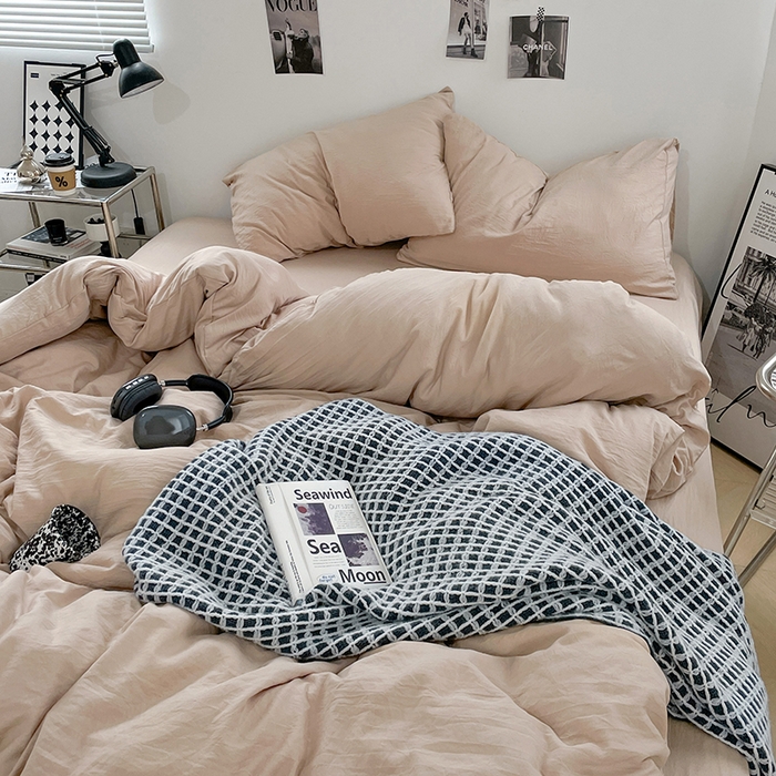 91家纺网 家纺一手货源 找家纺 卡斯诺家纺馆 2026新款水洗棉纯色双拼四件套（下载文件包含买家秀） 纯卡其